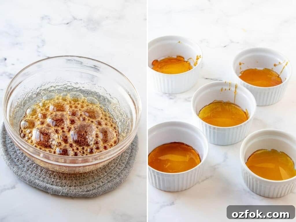 Creamy Coffee Flan Recipe with Caramel Sauce 3 caramel poured in ramekins