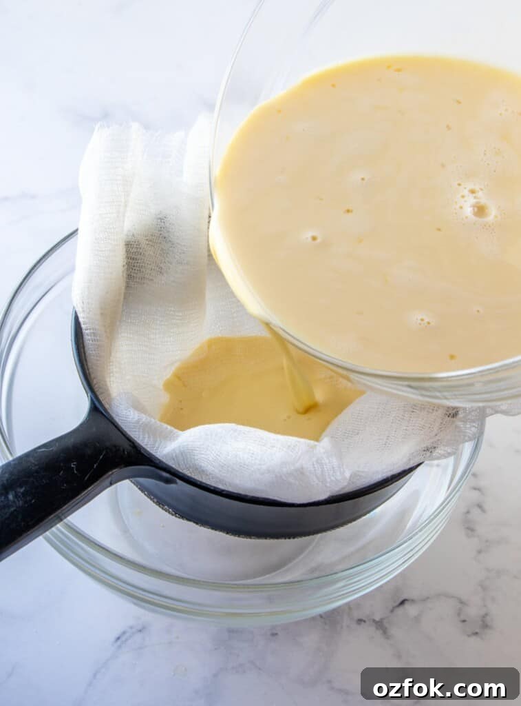 Creamy Coffee Flan Recipe with Caramel Sauce 4 straining custard mixture in a cheesecloth-lined fine-mesh sieve