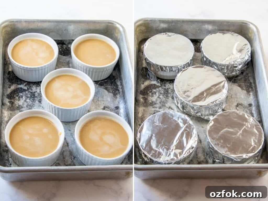 Creamy Coffee Flan Recipe with Caramel Sauce 5 flan mixture in ramekins to bake in bain marie