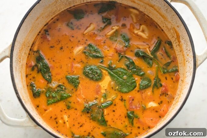 Spinach added to hot tortellini soup.