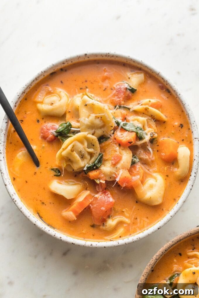 White bowl of creamy tomato tortellini soup.