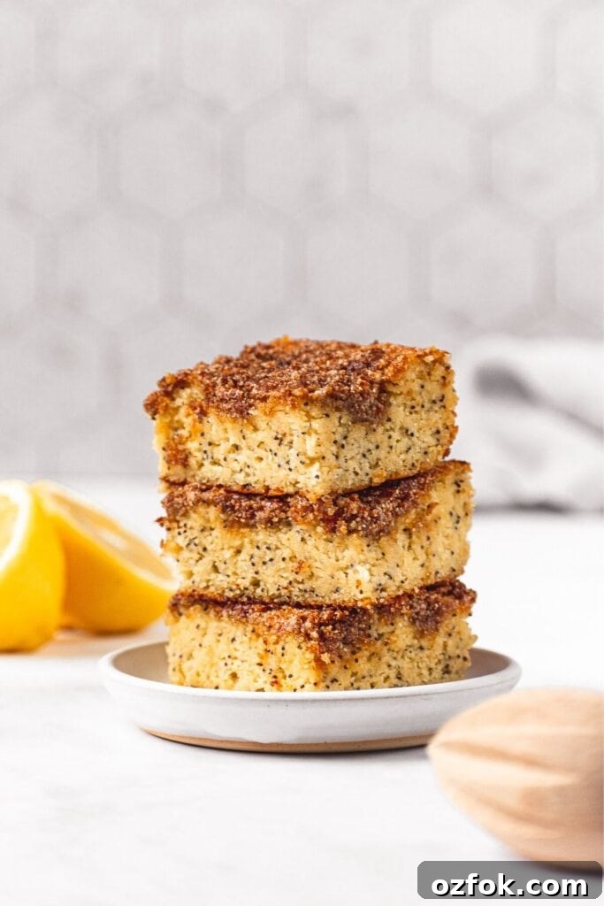 Lemon Poppy Seed Crumb Cake Recipe — Moist Zesty Dessert 3 three pieces of healthy lemon poppy seed cake stacked on top of each other