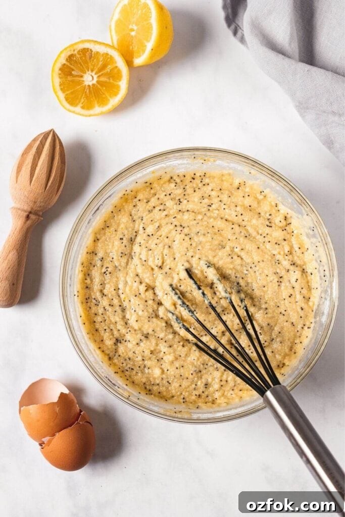 Lemon Poppy Seed Crumb Cake Recipe — Moist Zesty Dessert 8 whisking in almond flour and poppy seeds into cake batter