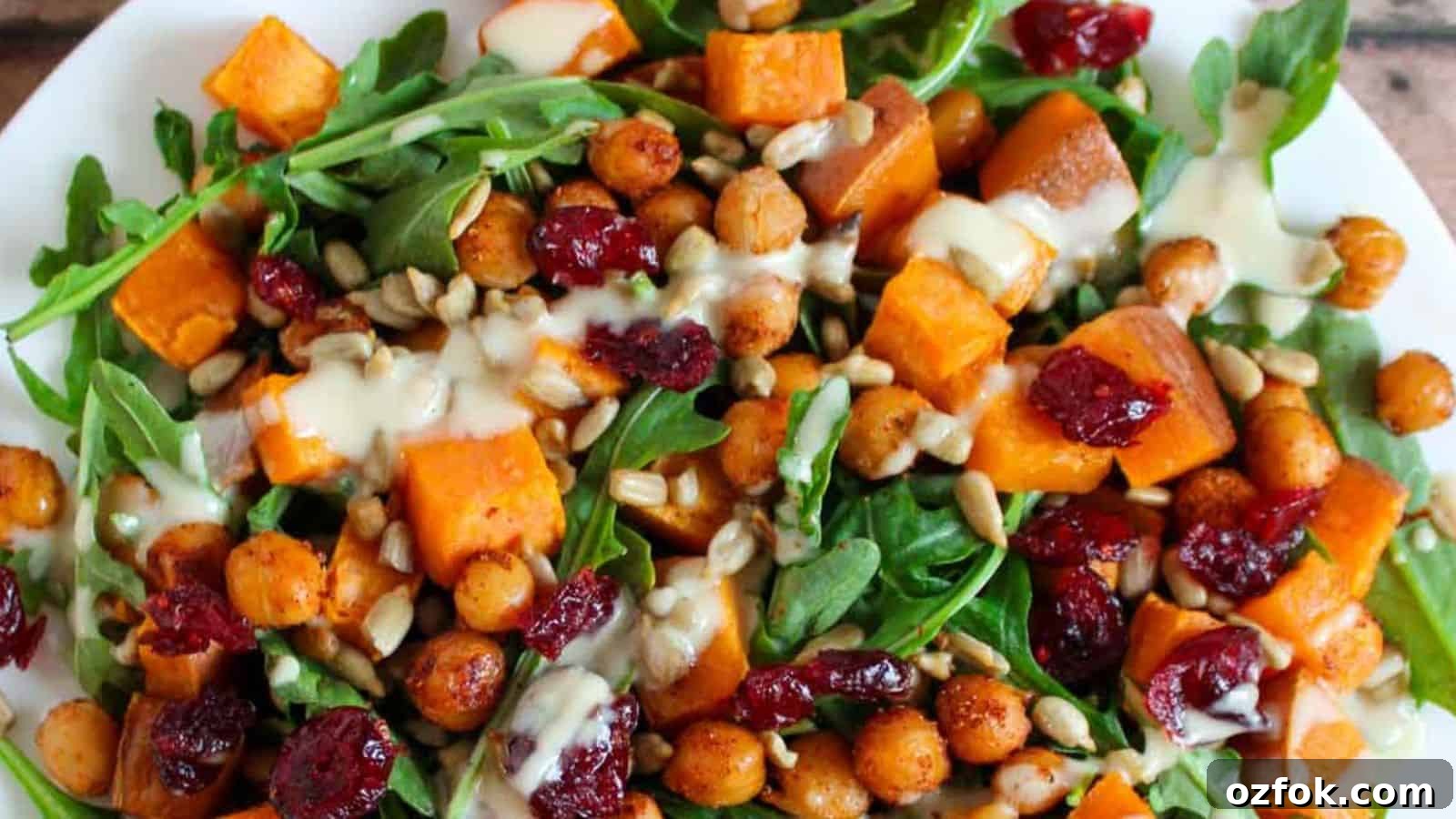 29 Irresistible Salad Recipes Everyone Will Love 8 A salad with arugula, roasted sweet potatoes, chickpeas, dried cranberries, sunflower seeds, and a drizzle of creamy dressing on a white plate.