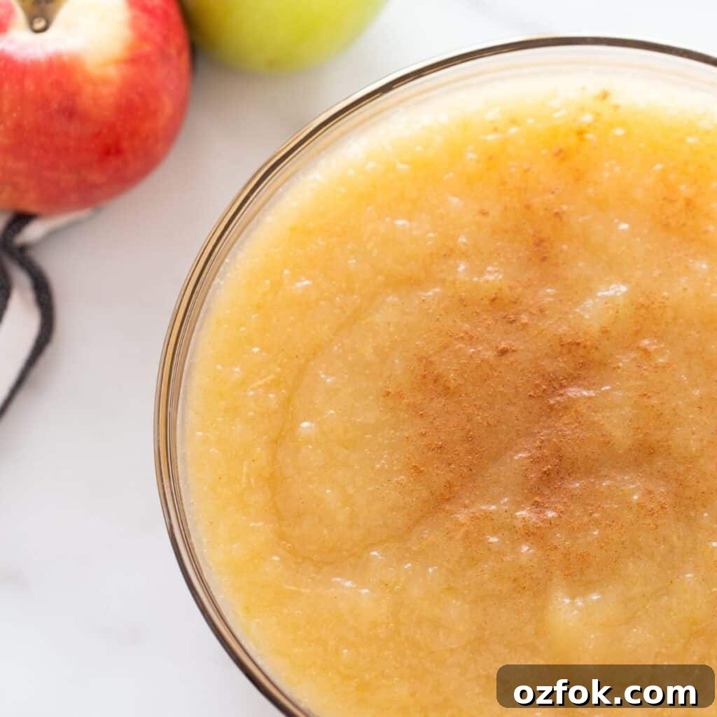 Instant Pot Applesauce Recipe — No-Peel Option Included 2 A clear bowl of applesauce with apples in the upper left hand corner