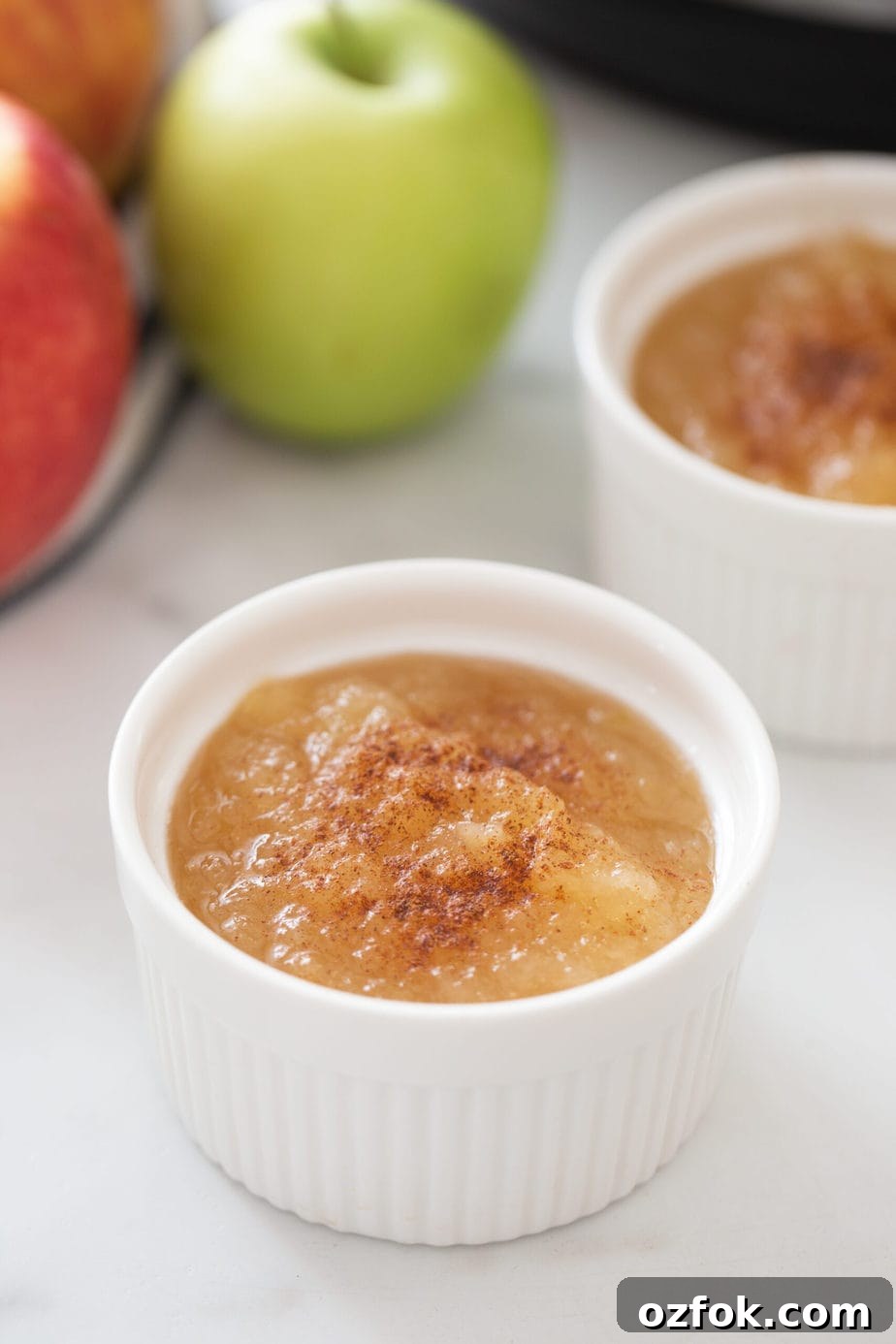 Instant Pot Applesauce Recipe — No-Peel Option Included 3 Two ramekins of homemade instant pot applesauce with cinnamon sprinkled on top