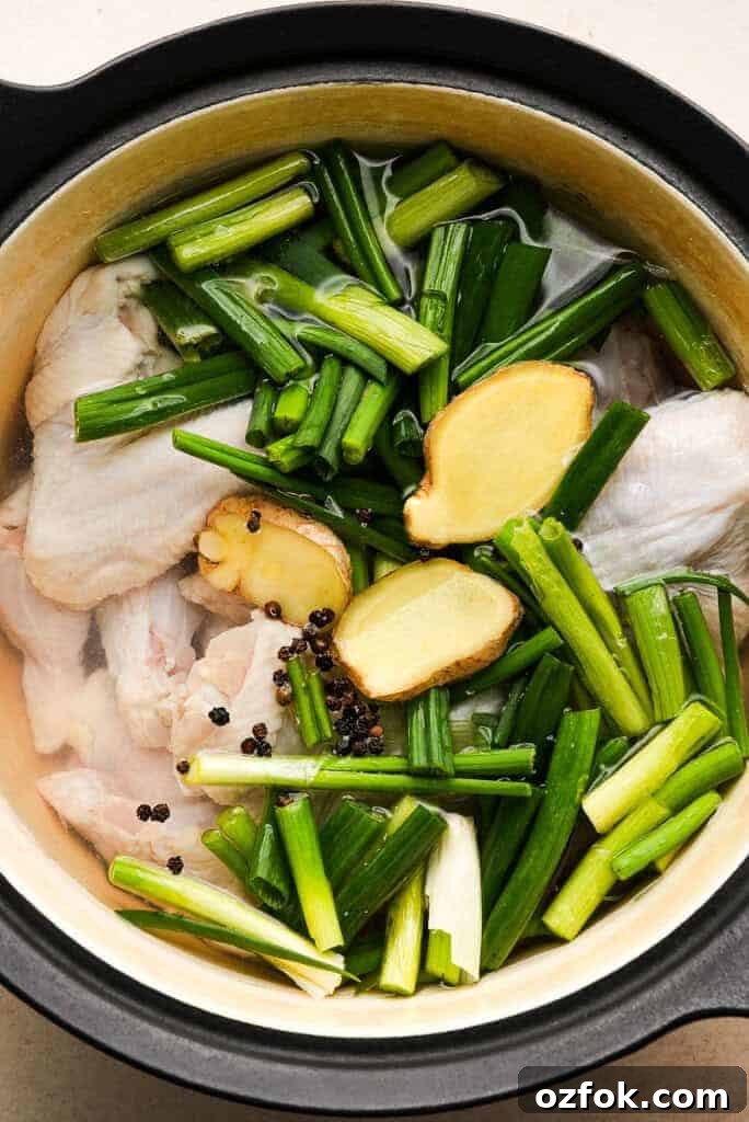 Chicken stock Ingredients for chicken broth in a large pot with water.