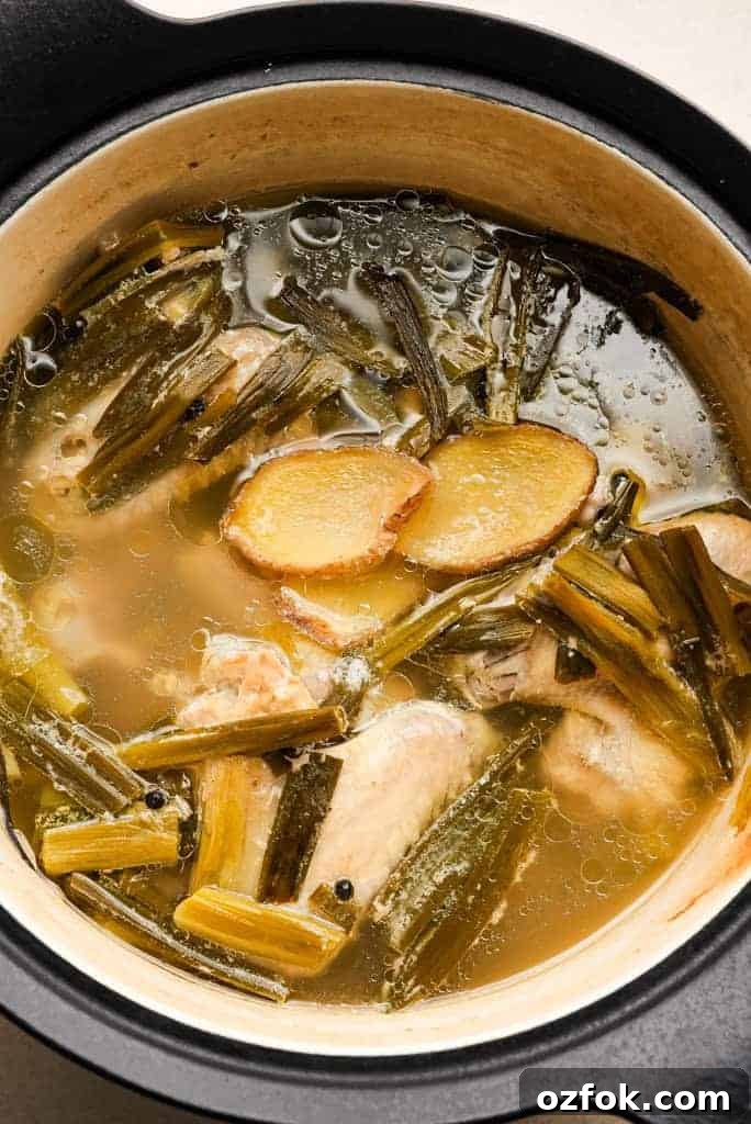 Chicken broth vs stock Overhead view of ingredients for chicken stock simmering in a pot.