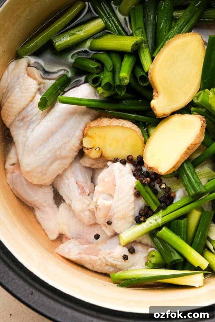 Is chicken stock the same as chicken broth Close up view of scallions, ginger, peppercorns, and chicken wings in a pot.