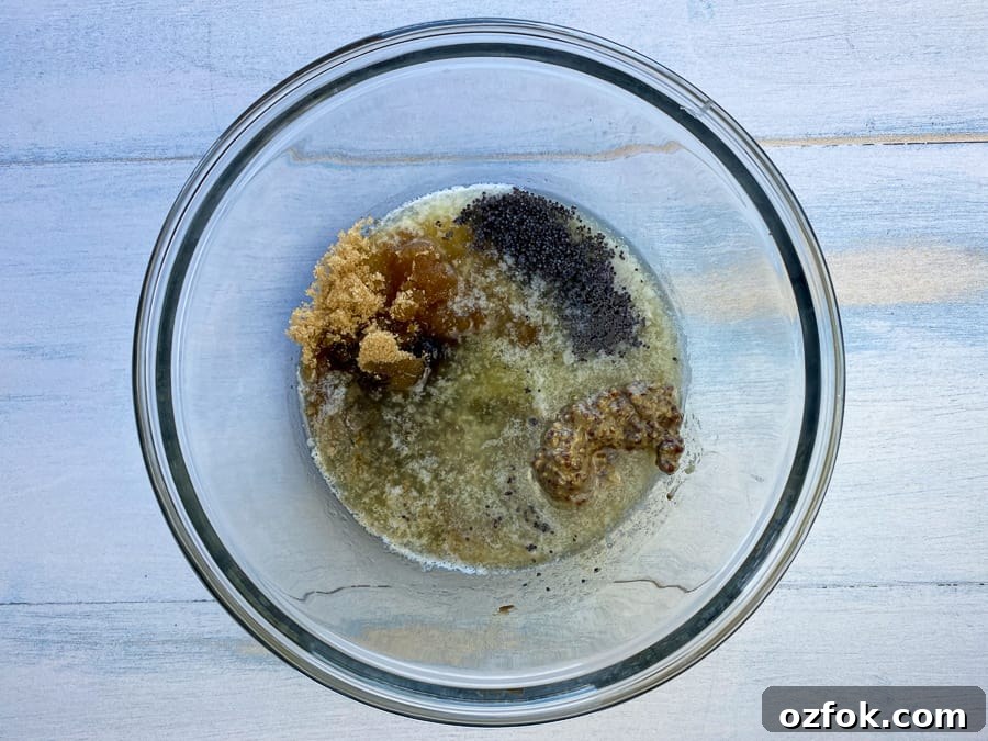 Melted butter, brown sugar, poppyseeds, mustard & Worcestershire sauce in bowl to make glaze