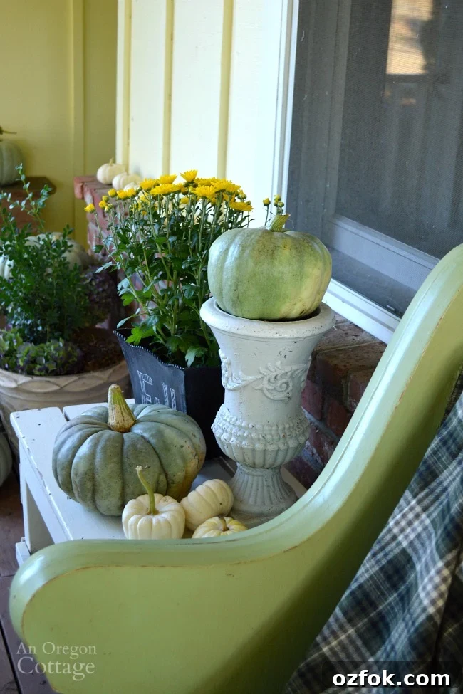 Natural Neutral Fall Porch Decorating Ideas for Cozy Curb Appeal 4 Neutral and Natural Fall Porch 2015-Pumpkins and mums decor