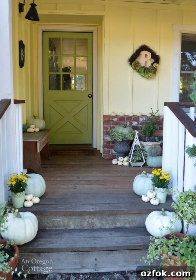 Natural Neutral Fall Porch Decorating Ideas for Cozy Curb Appeal 5 Neutral & Natural Fall Porch-green, white and hydrangeas for fall decor