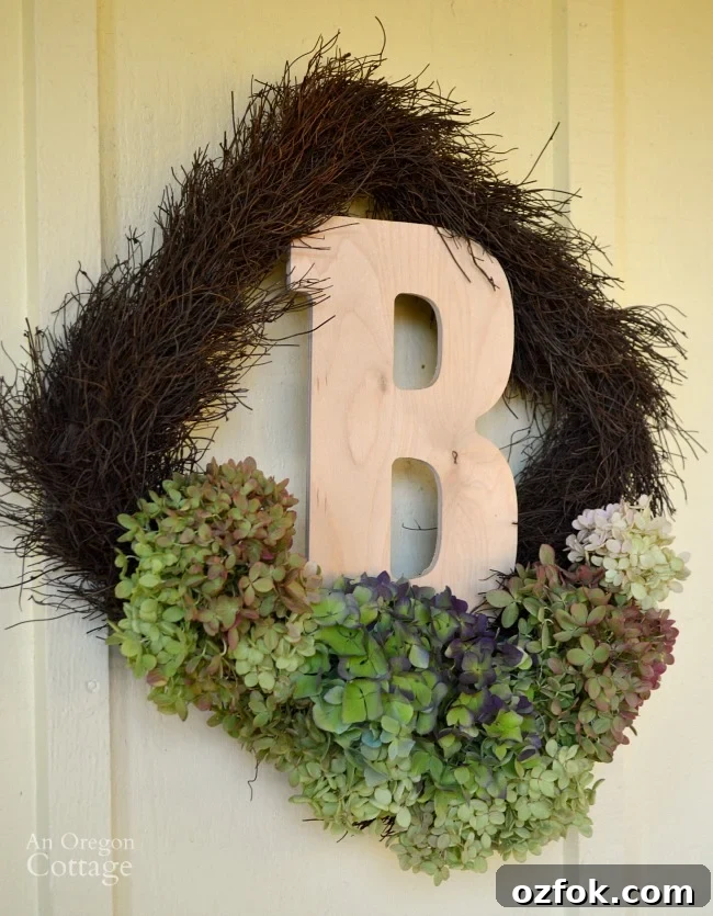 Natural Neutral Fall Porch Decorating Ideas for Cozy Curb Appeal 8 Fall Monogram Hydrangea square wreath-easy fall decor