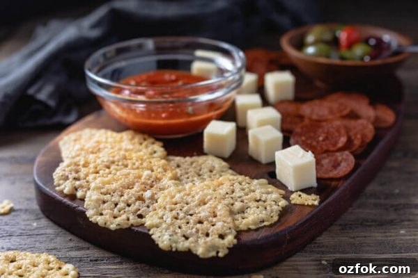 Keto Parmesan Crisps: Crispy Low-Carb Cheese Chips 4 Parmesan crisps with marinara sauce, pepperoni chips and cubed cheese.
