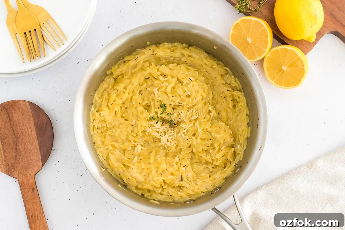 Zesty Lemon Orzo with Parmesan and Fresh Herbs 4 Cooked lemon orzo pasta in a sauce pan.