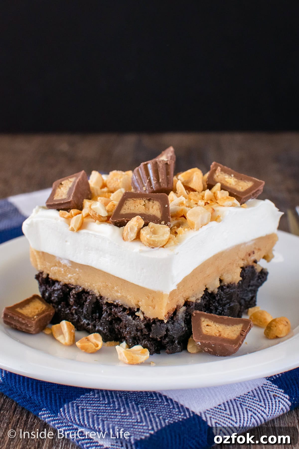 Peanut Butter Brownie Layered Dessert: Decadent No-Bake Treat 5 A white plate with a square of peanut butter brownie dessert on it.