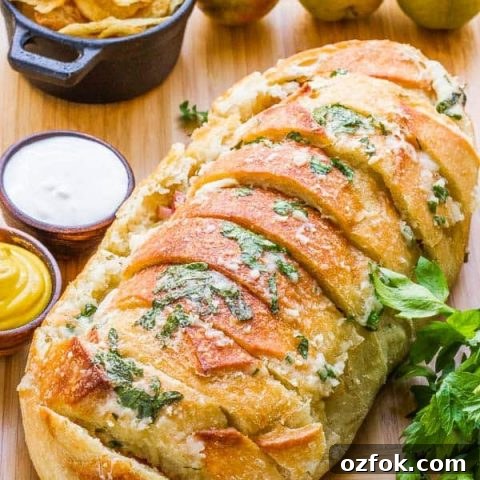 Why make individual sandwiches when you can make one BIG one that feeds everyone? This Garlic Bread Sandwich Loaf recipe has loads of goodies layered inside, then it's doused with a combination of melted butter, garlic, parmesan and parsley. It is AMAZING!! AND EASY!!
