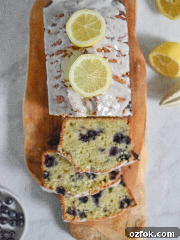 A view from above of the Lemon and blueberry zucchini bread with lemon icing