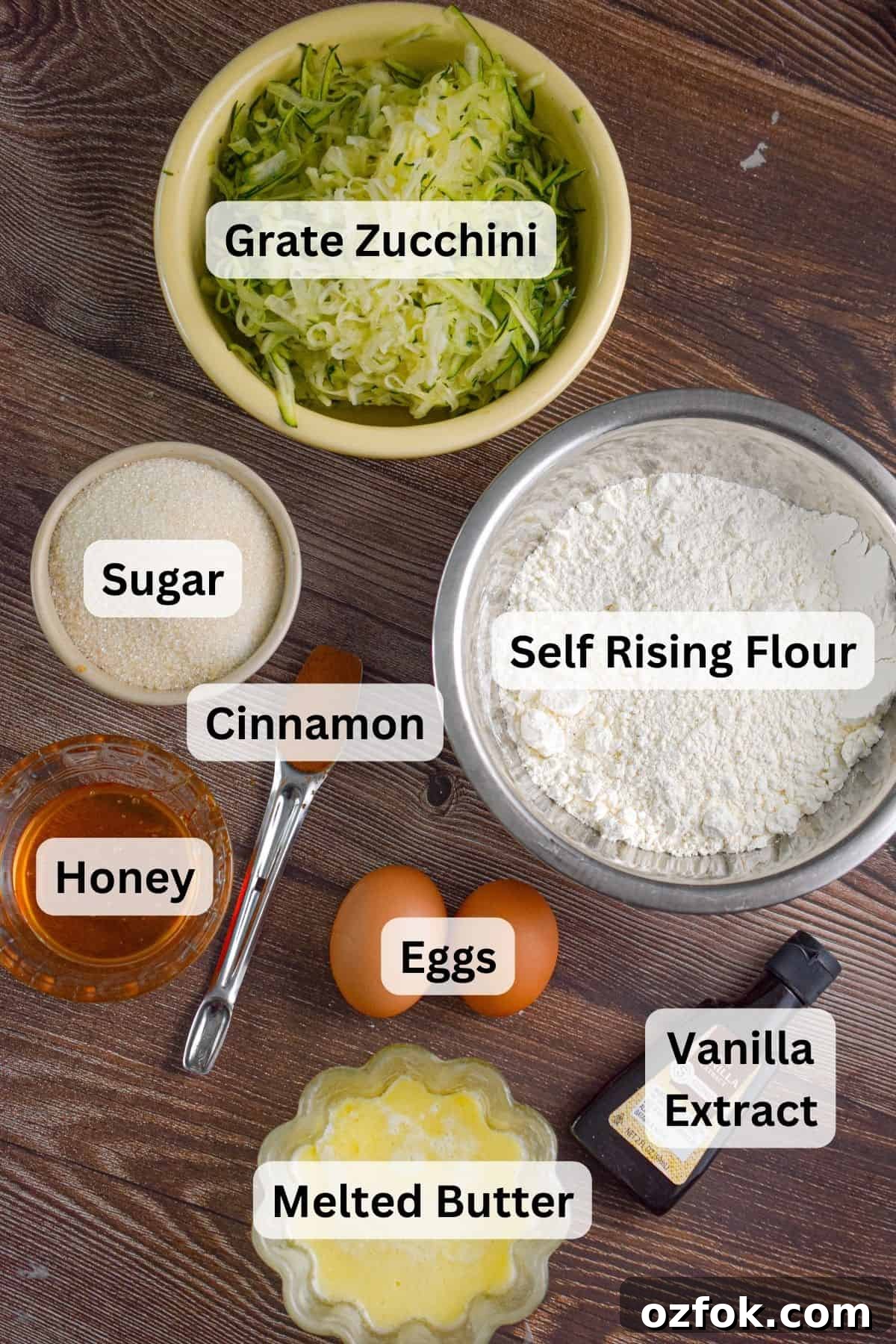 Moist Zucchini Bread Made with Self-Rising Flour 3 The ingredients are laid out and labeled.
