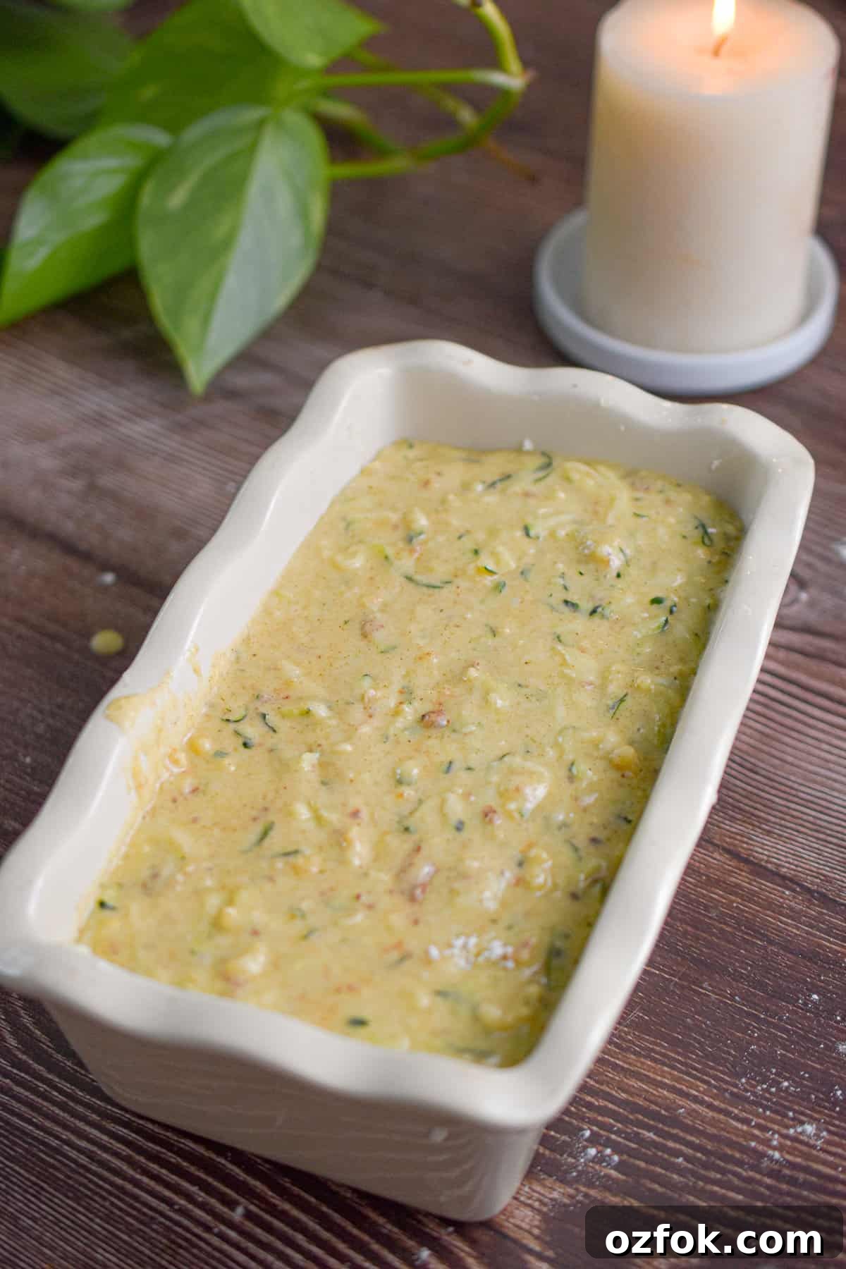 Moist Zucchini Bread Made with Self-Rising Flour 7 The batter is in a prepared loaf pan.