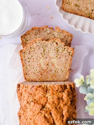 An overhead shot of a slice of the sourdough zucchini bread.
