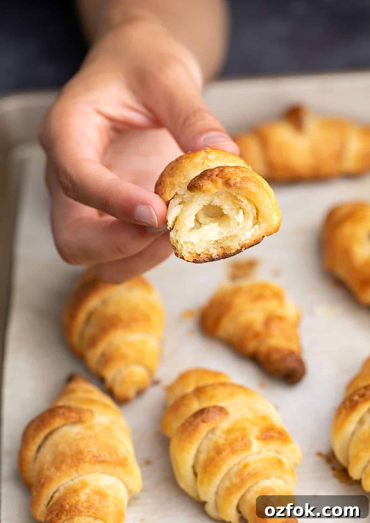 Flaky Gluten-Free Croissants: Buttery Recipe for Perfect Layers 3 Hand holding broken gluten free croissant over tray of more pastries