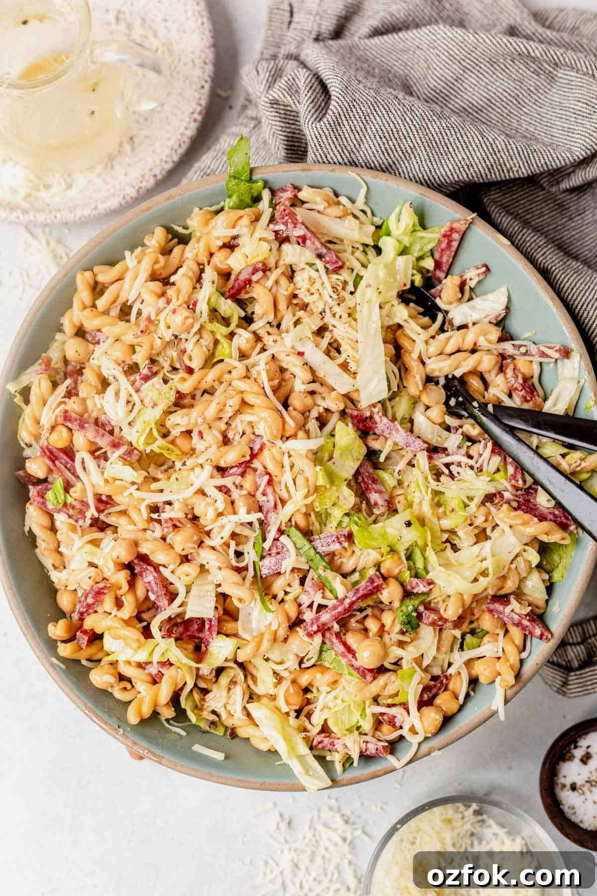 italian pasta salad with salami and mozzarella