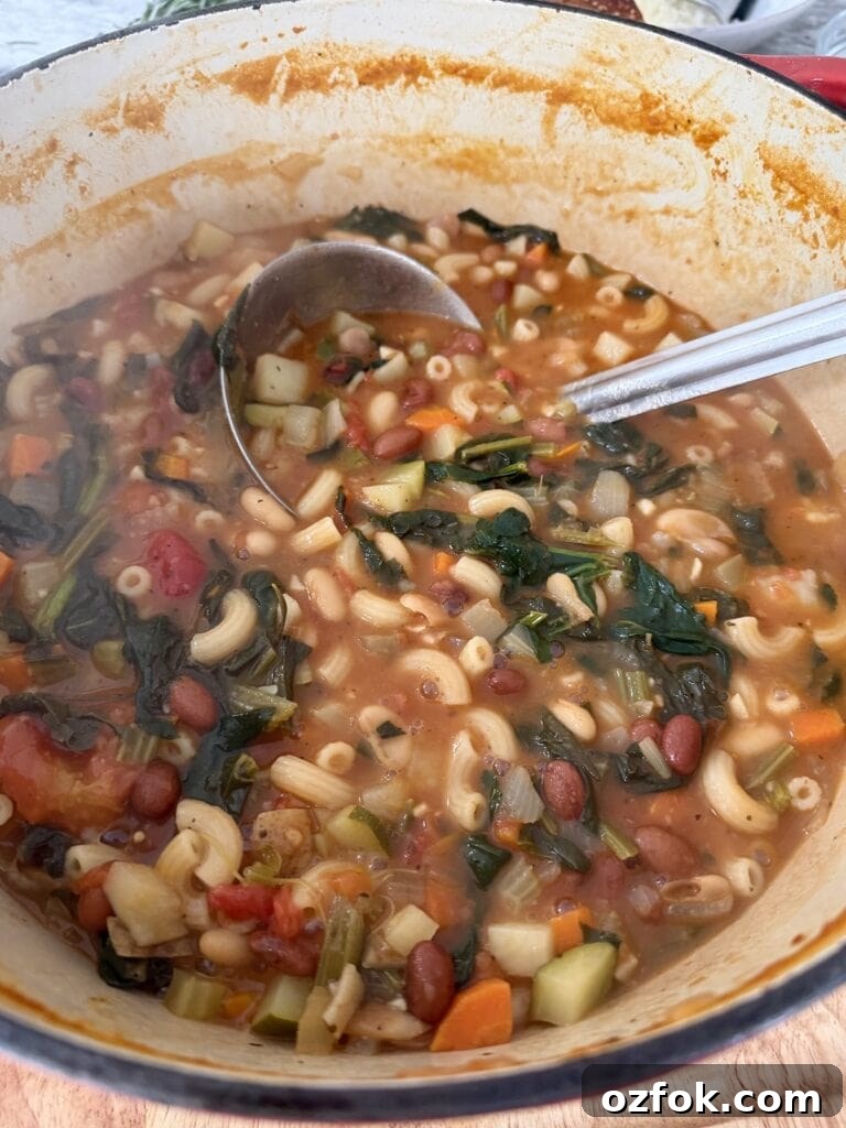 Classic Italian Minestrone Soup Recipe — Hearty Vegetable Stew 3 Ladle in pot of traditional minestrone soup.