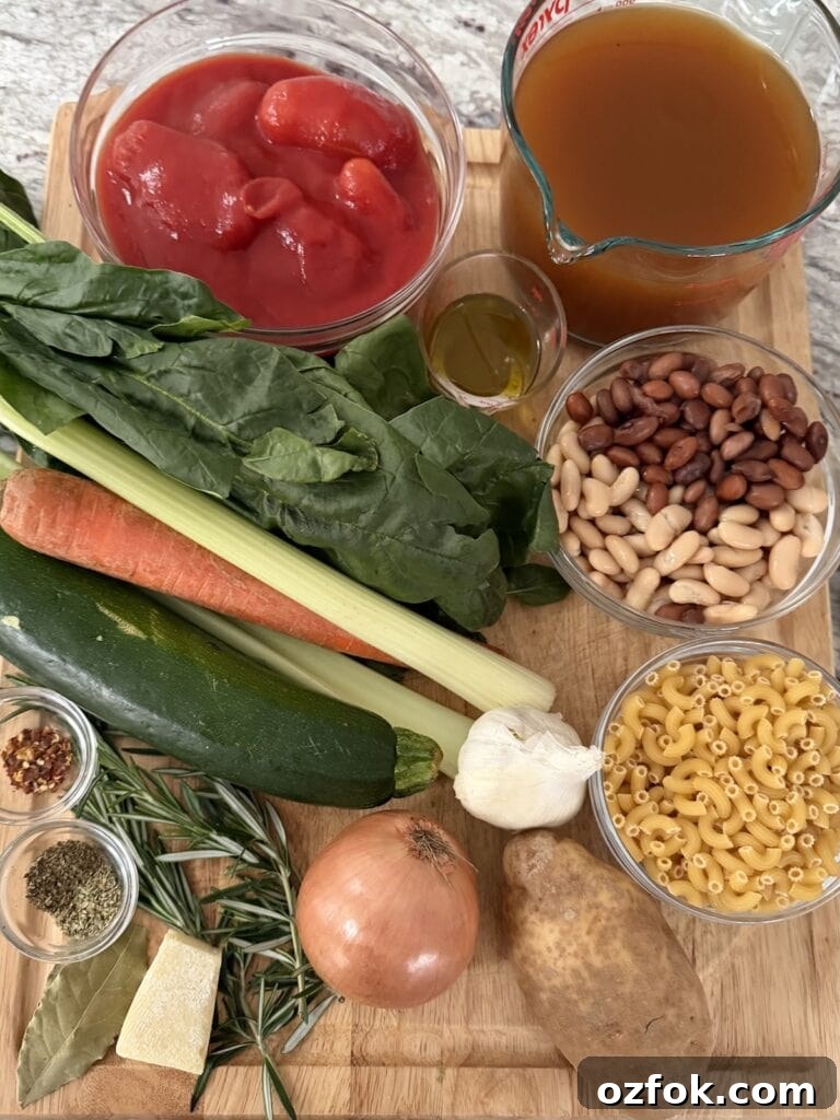 Classic Italian Minestrone Soup Recipe — Hearty Vegetable Stew 4 All ingredients for vegetarian minestrone soup on cutting board.