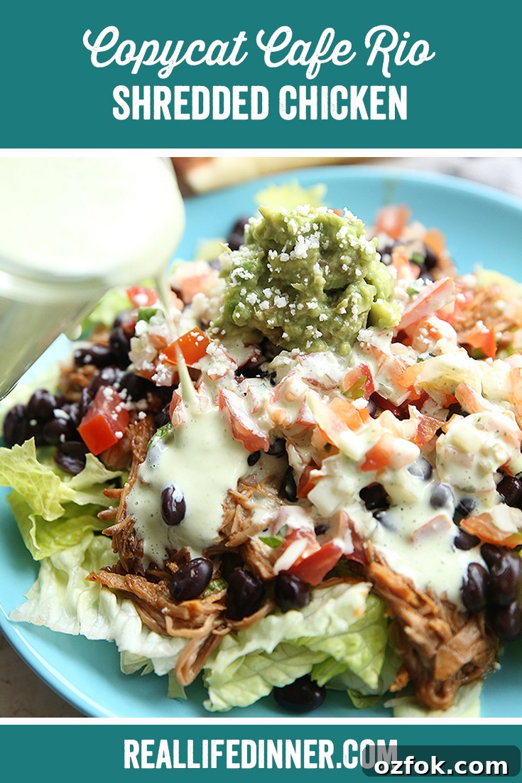 Cafe Rio Shredded Chicken Copycat Recipe That Tastes Like the Original 11 Pinterest picture with the text "Copycat Cafe Rio Shredded Chicken" at the top.