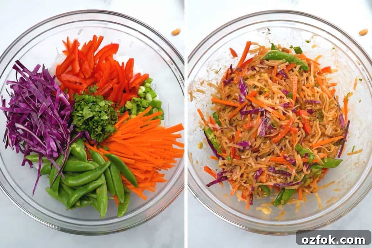 Peanut Thai Noodle Recipe Side by side photo of peanut Thai noodles mixed together before after adding veggies.