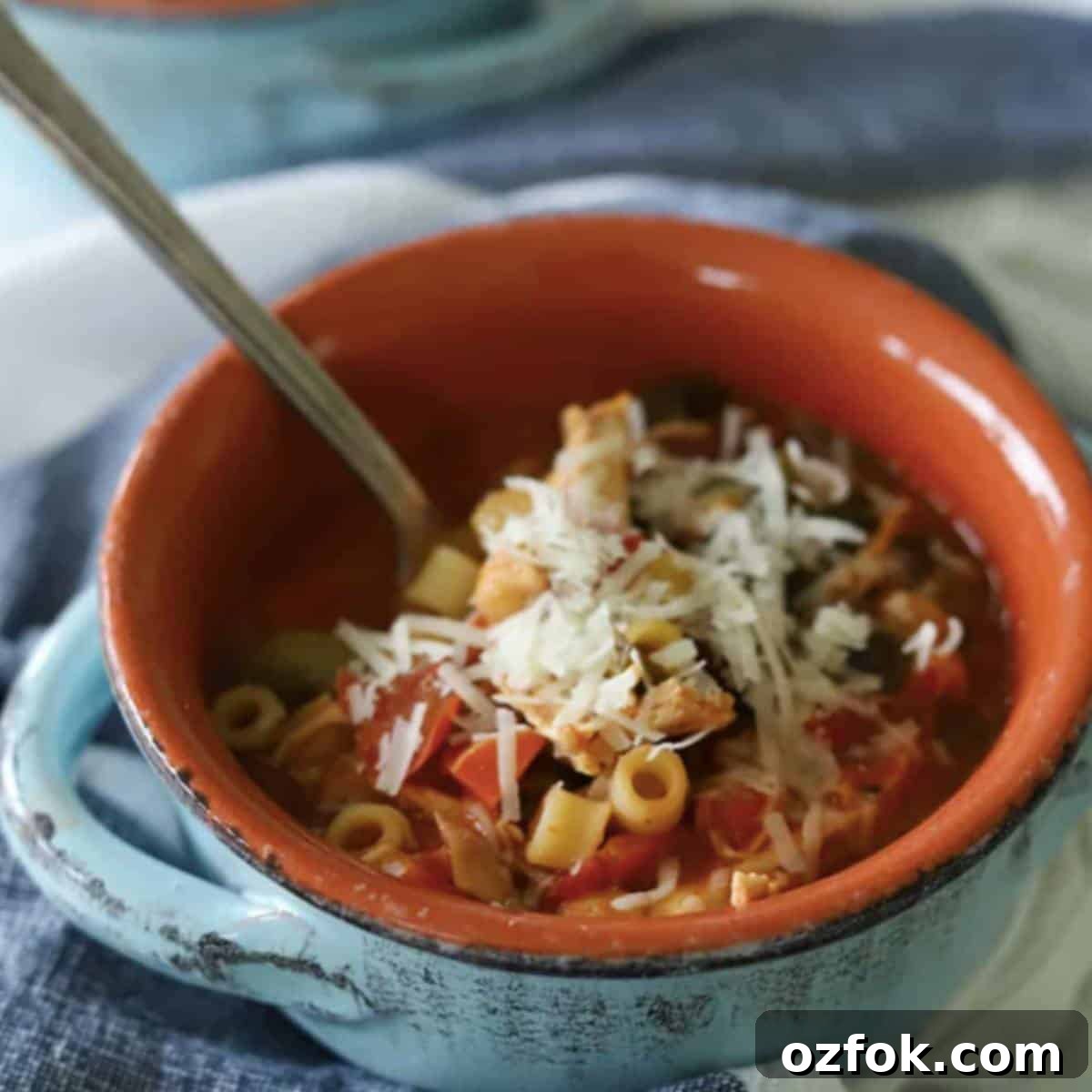 12 Quick Weeknight Dinners Made with Rotisserie Chicken 11 Bowl of minestrone soup topped with parmesan cheese.