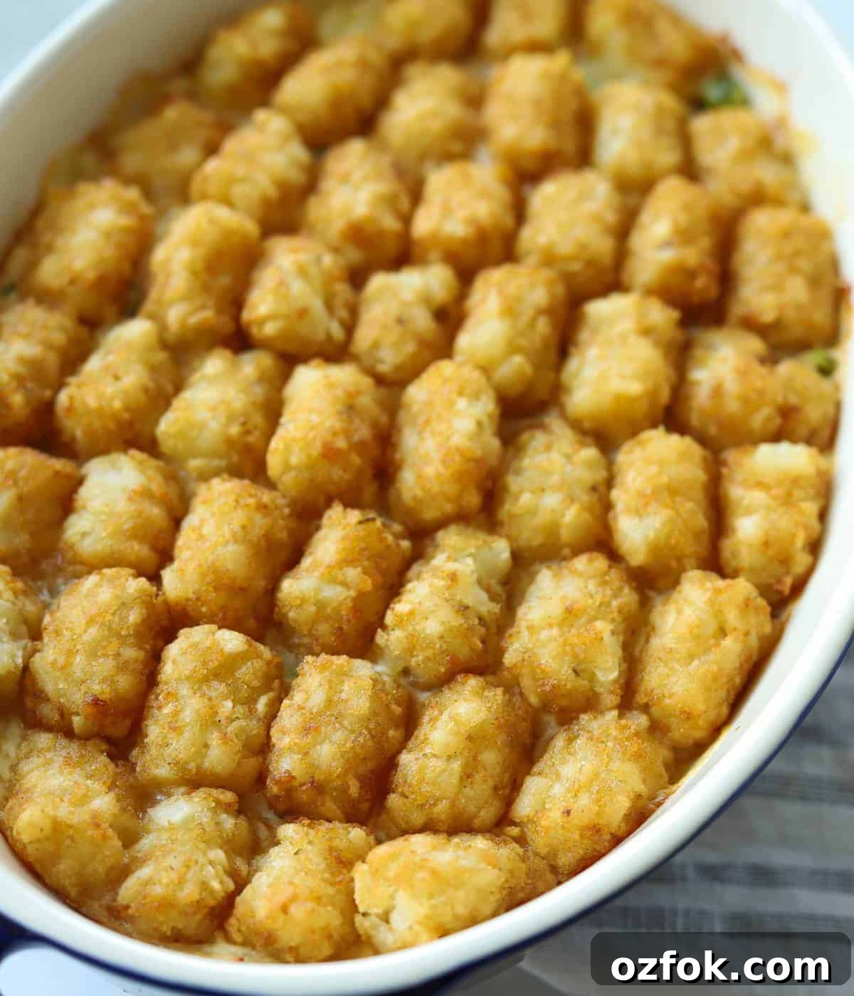 12 Quick Weeknight Dinners Made with Rotisserie Chicken 9 Tater tot casserole in dish.