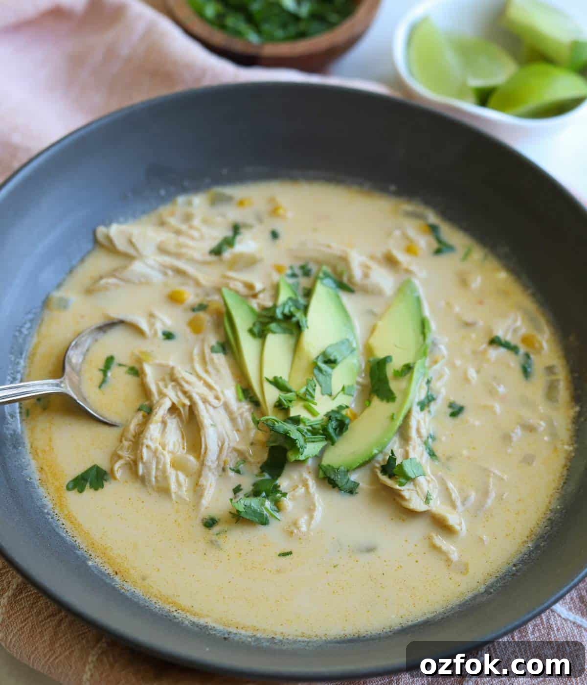 12 Quick Weeknight Dinners Made with Rotisserie Chicken 10 White Chicken Chili in bowl.