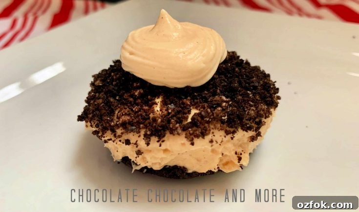 Up-close Peanut Butter Pie Cup sitting on a square white plate with red and white striped background.