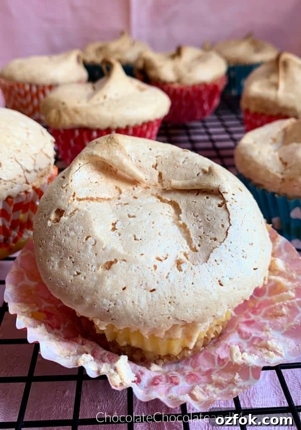 Vanilla Wafer Meringue Pie Cups Vanilla Wafer meringue Pie Cups sitting on a metal cooling rack with a pink background.