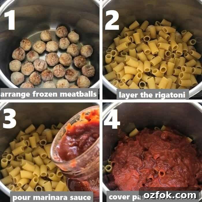 Instant Pot Rigatoni with Savory Meatballs in Marinara 3 dump all ingredients in order in the instant pot