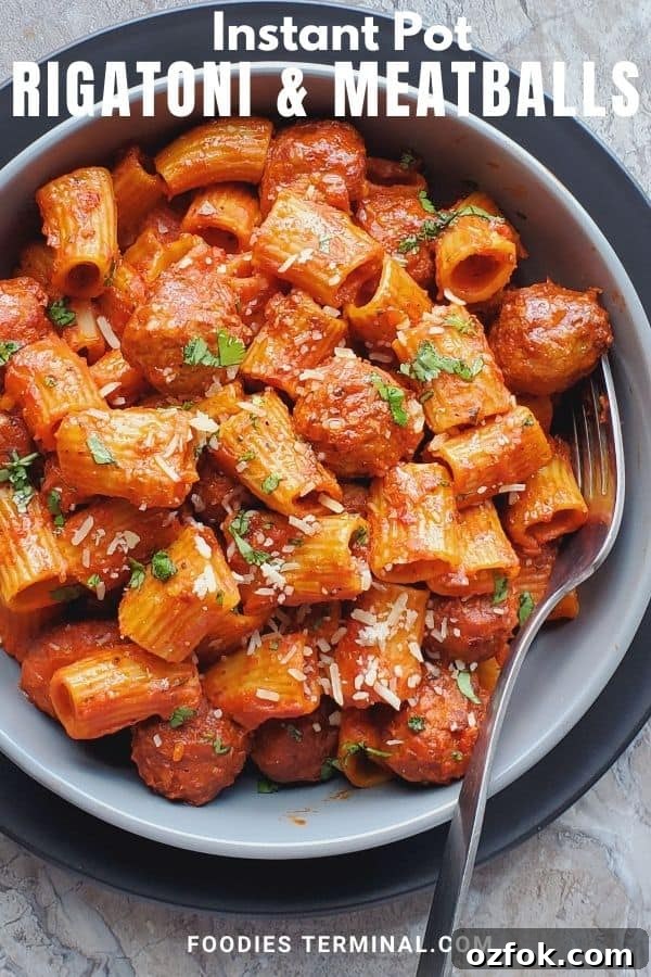 Instant Pot Rigatoni with Savory Meatballs in Marinara 5 rigatoni and meatballs with jar sauce in a grey bowl with a fork