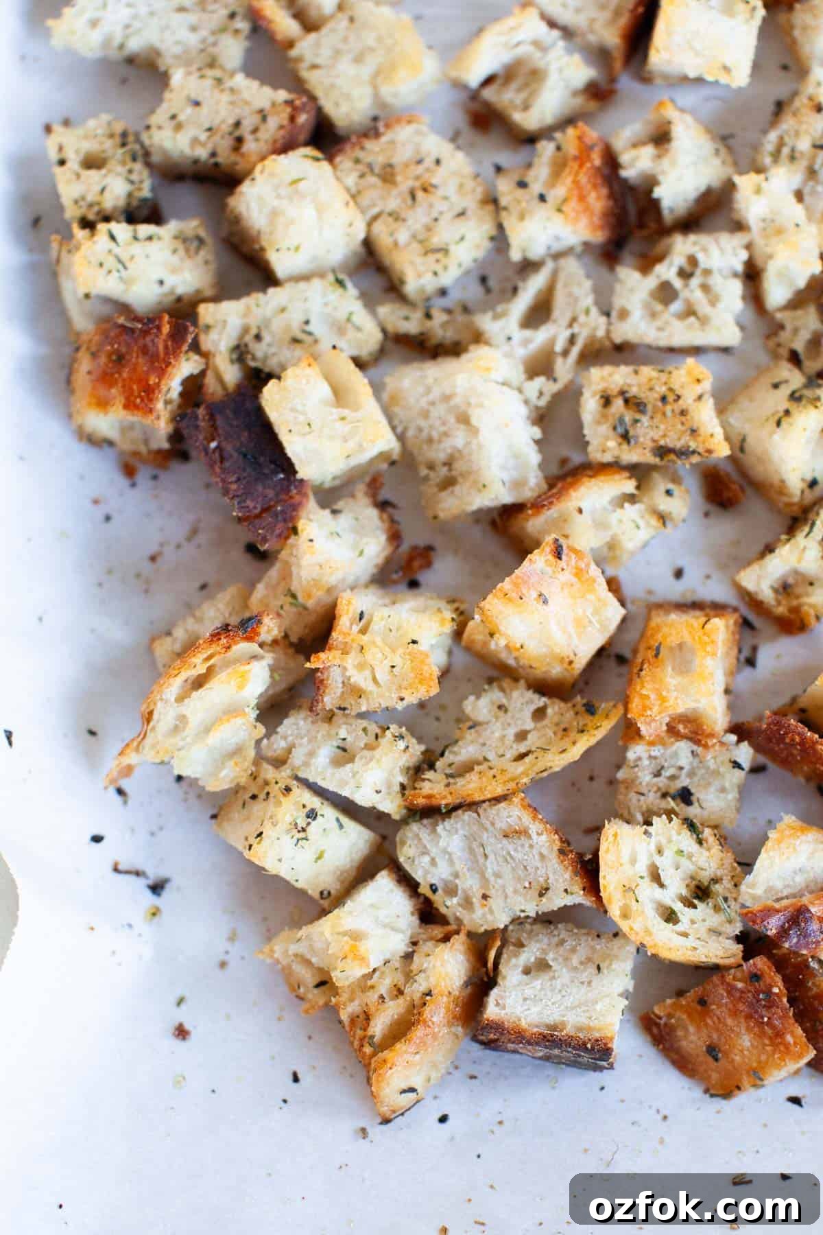 Homemade croutons on a baking sheet.