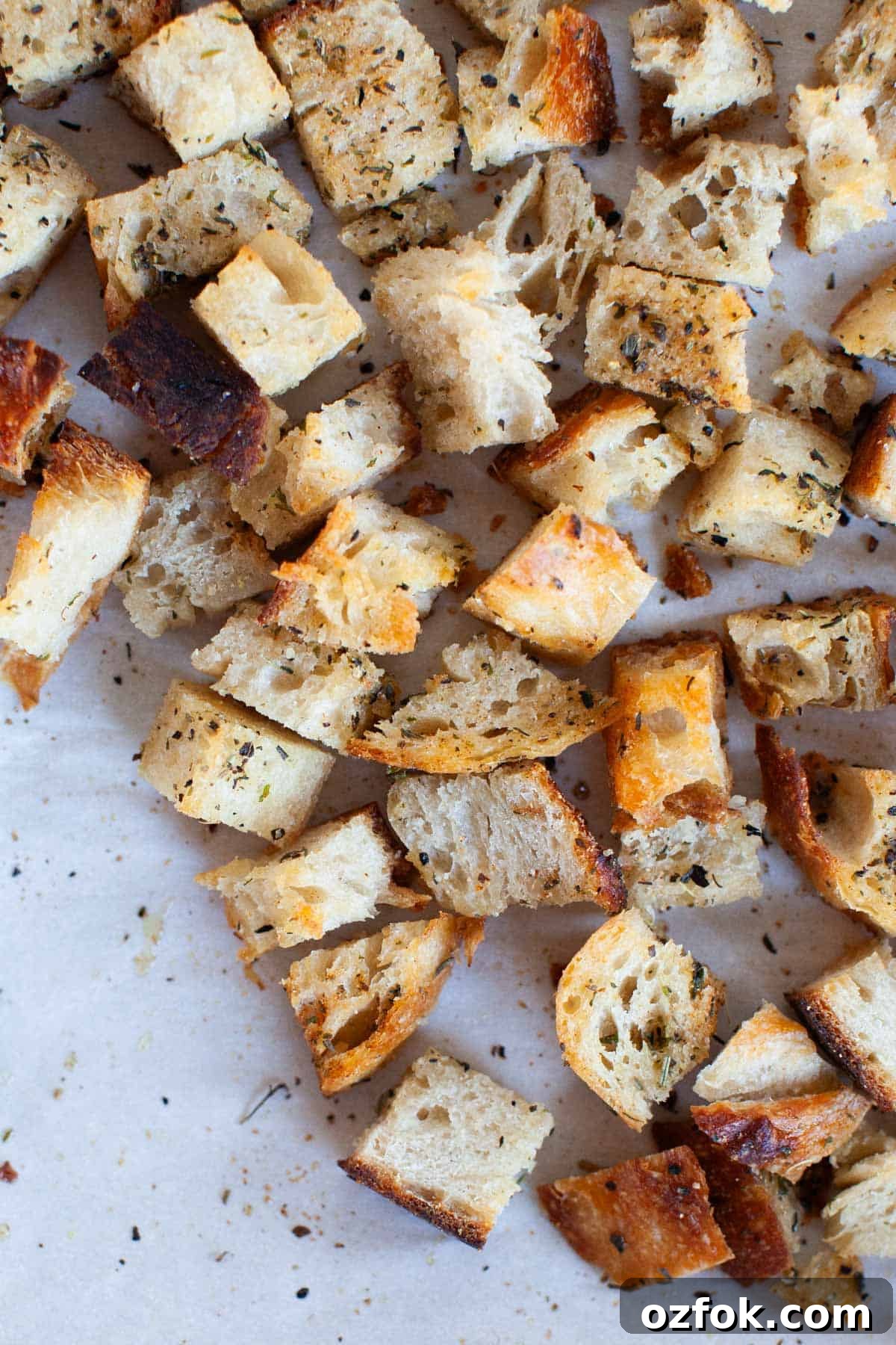 Homemade croutons on a baking sheet.