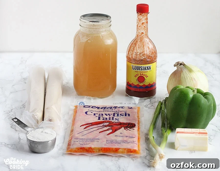 Authentic Cajun Crawfish Pie Recipe: Southern Comfort Dish 3 crawfish pie ingredients including flour, pie crusts, stock, hot sauce, green onion, butter, green bell pepper and onion