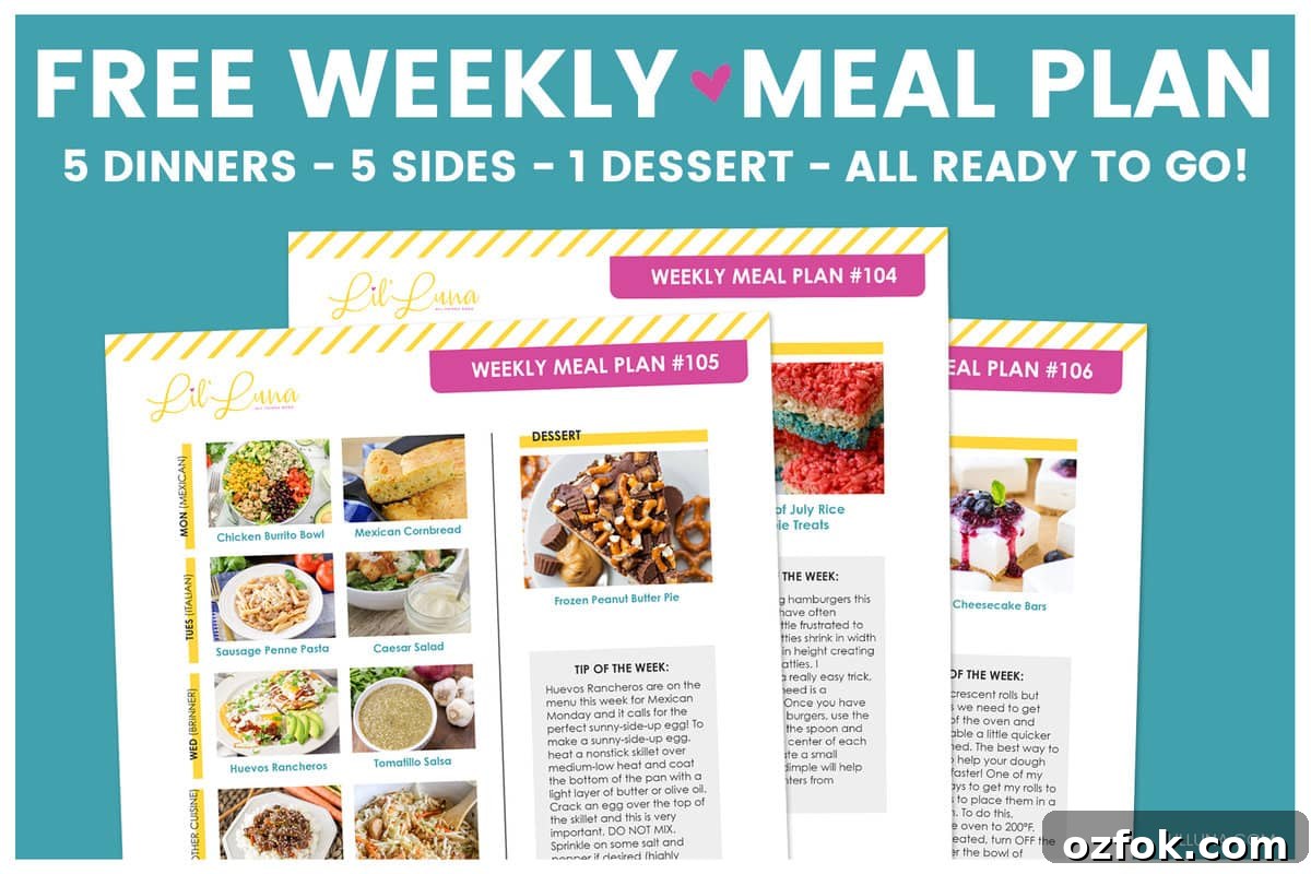 Save yourself some time, money and stress by using this FREE meal plan that is full of amazing recipes. Each plan includes 5 dinner ideas, 5 side dishes, and 1 dessert making meal planning easier than ever!! A graphic showing multiple meal plans.