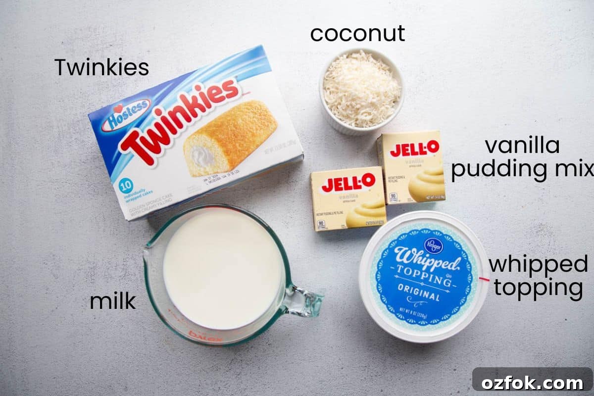 Creamy Twinkie Layer Cake Recipe You’ll Love 3 twinkies, cool whip, milk, boxes of pudding, and coconut.
