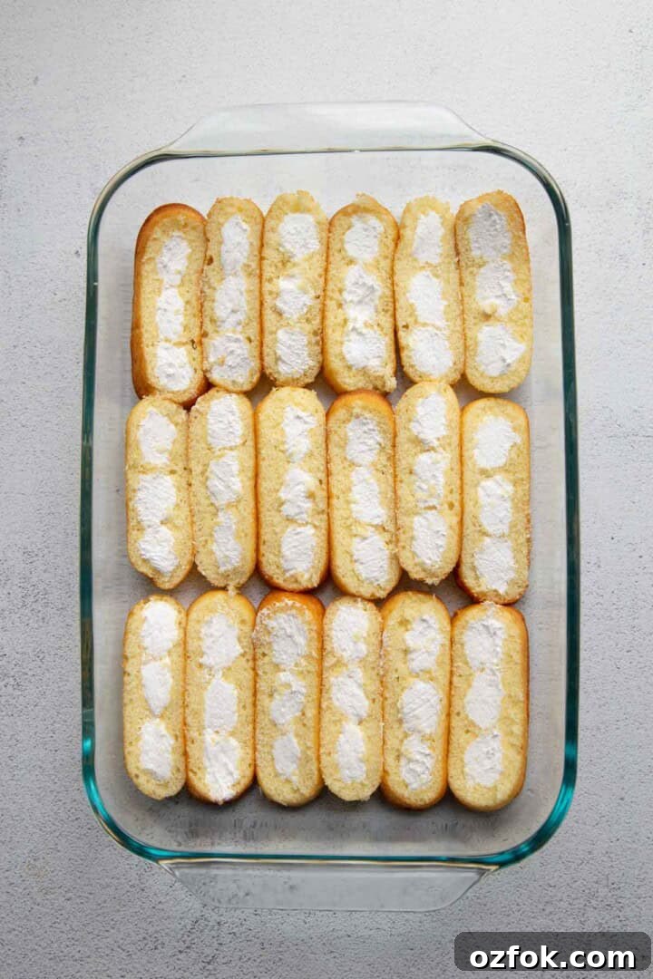 Creamy Twinkie Layer Cake Recipe You’ll Love 4 rows of twinkies cut in half in a glass dish.