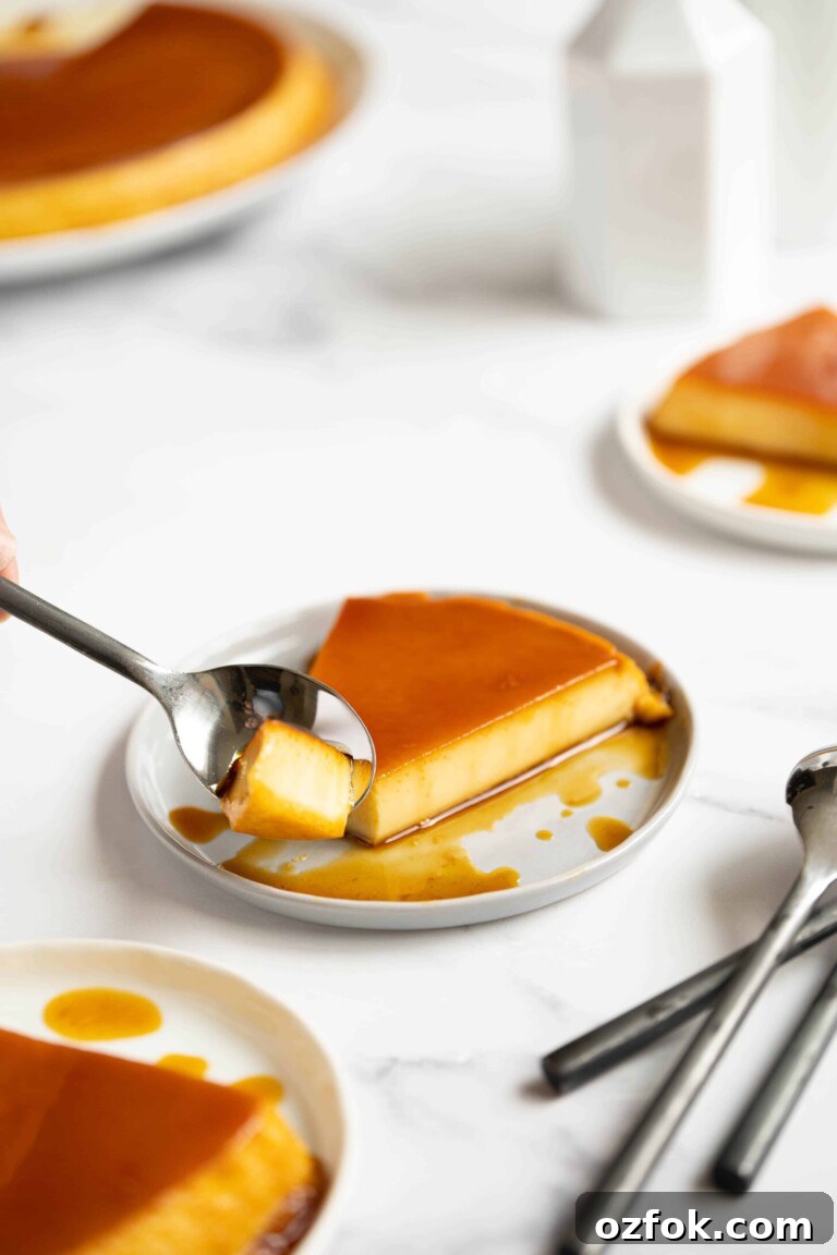 A plate with a slice of flan