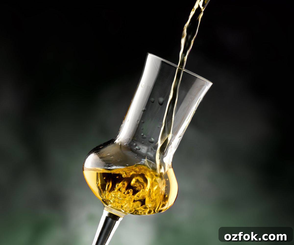 Guide to Cocktail Glasses: Styles, Uses, and Cocktail Pairings 17 Grappa being poured into a glass.