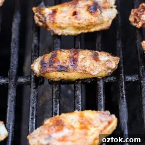 Honey Chili Crisp Grilled Chicken Wings Recipe 10 Grilled chicken wings on a barbecue grill with grill marks visible.
