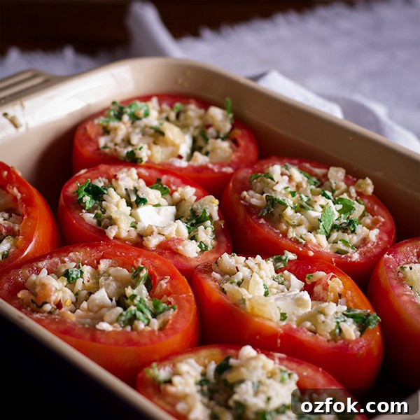 Cheese-Stuffed Tomatoes with Herbed Breadcrumb Topping 3 A baking dish filled with cheese stuffed tomatoes ready to be baked.