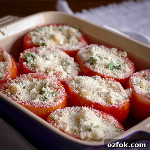 Cheese-Stuffed Tomatoes with Herbed Breadcrumb Topping 4 A baking dish filled with cheese stuffed tomatoes ready to be baked.