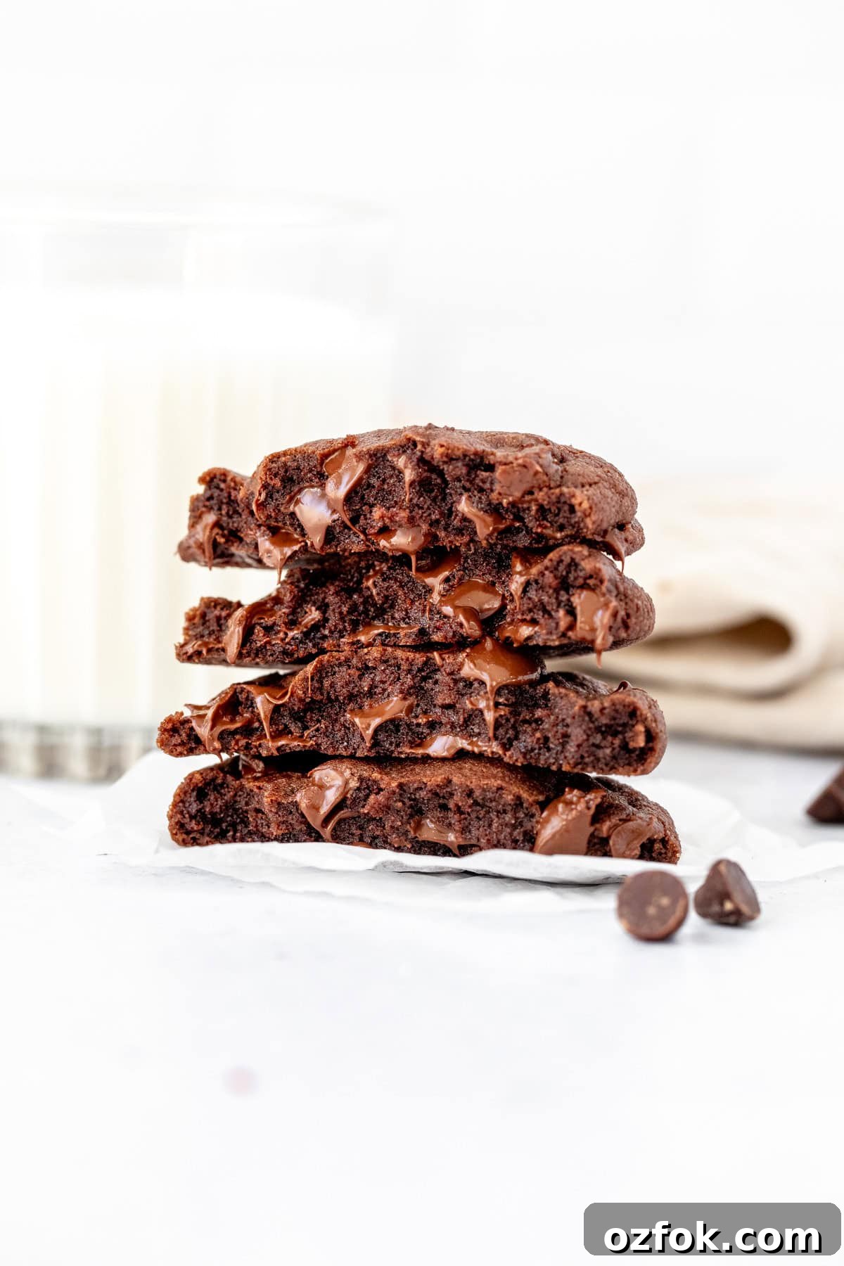 Double Chocolate Cookies Recipe for Two: Small Batch Treats 2 chocolate cookies broken in half and stacked on top of one another